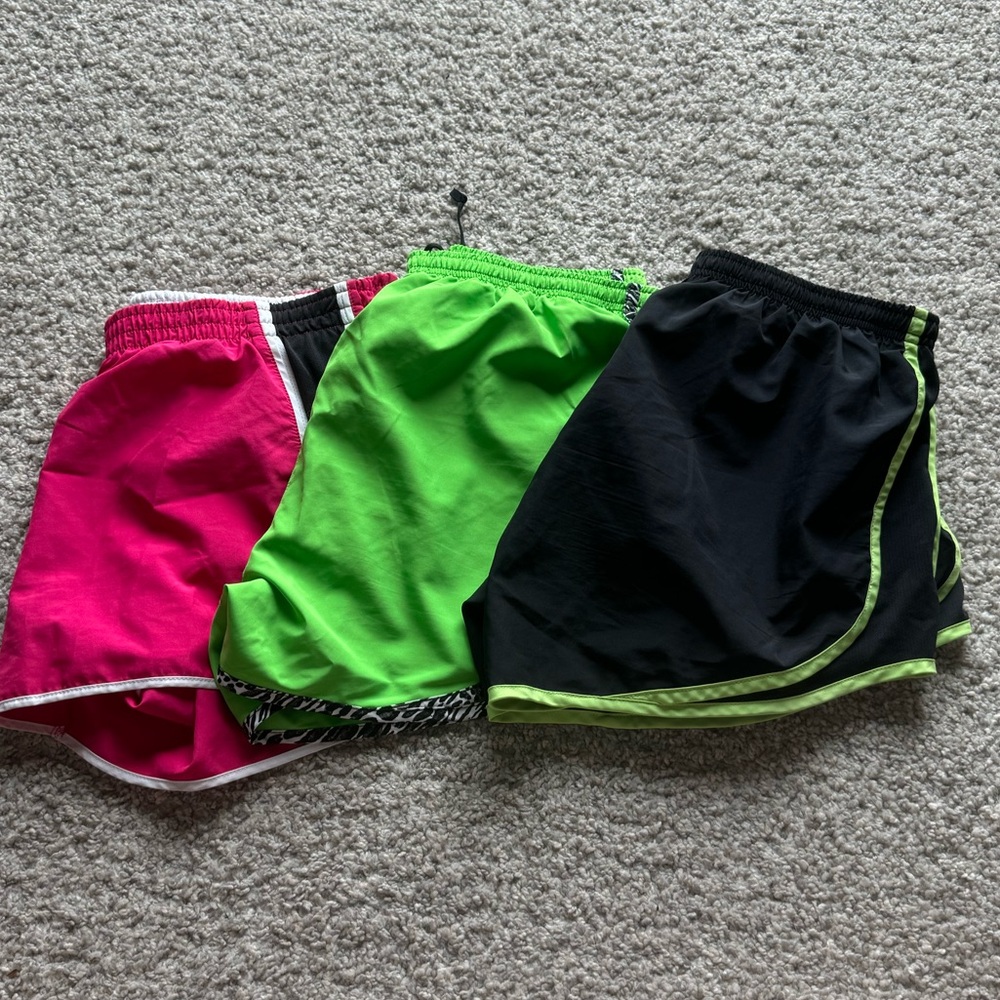 Set of 3 Nike running shorts all size large black green pink built in underwear